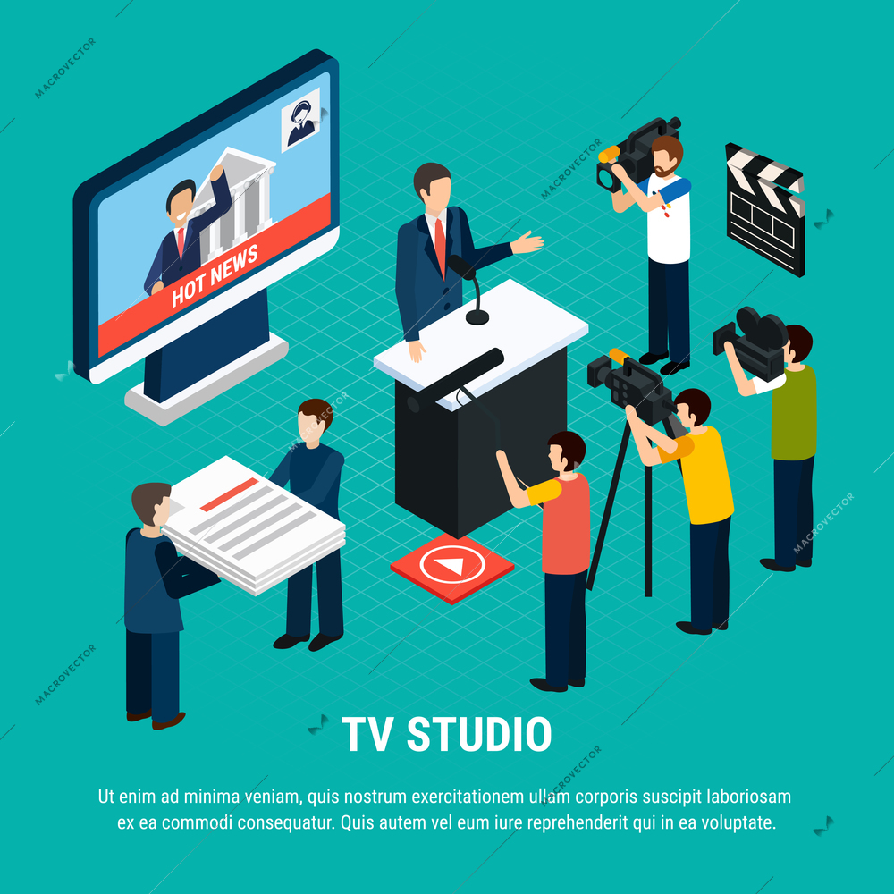 Photo video isometric background composition with editable text and human characters of professional television studio workers vector illustration