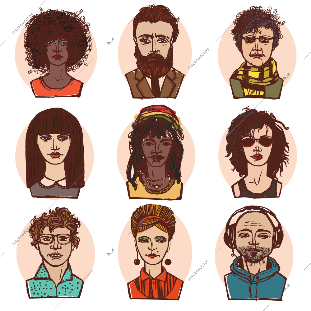 Sketch grunge males and females people portraits colored set isolated vector illustration.