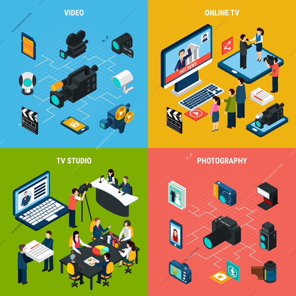 Photo video isometric design concept with icons of professional tv and photographic equipment with human characters vector illustration