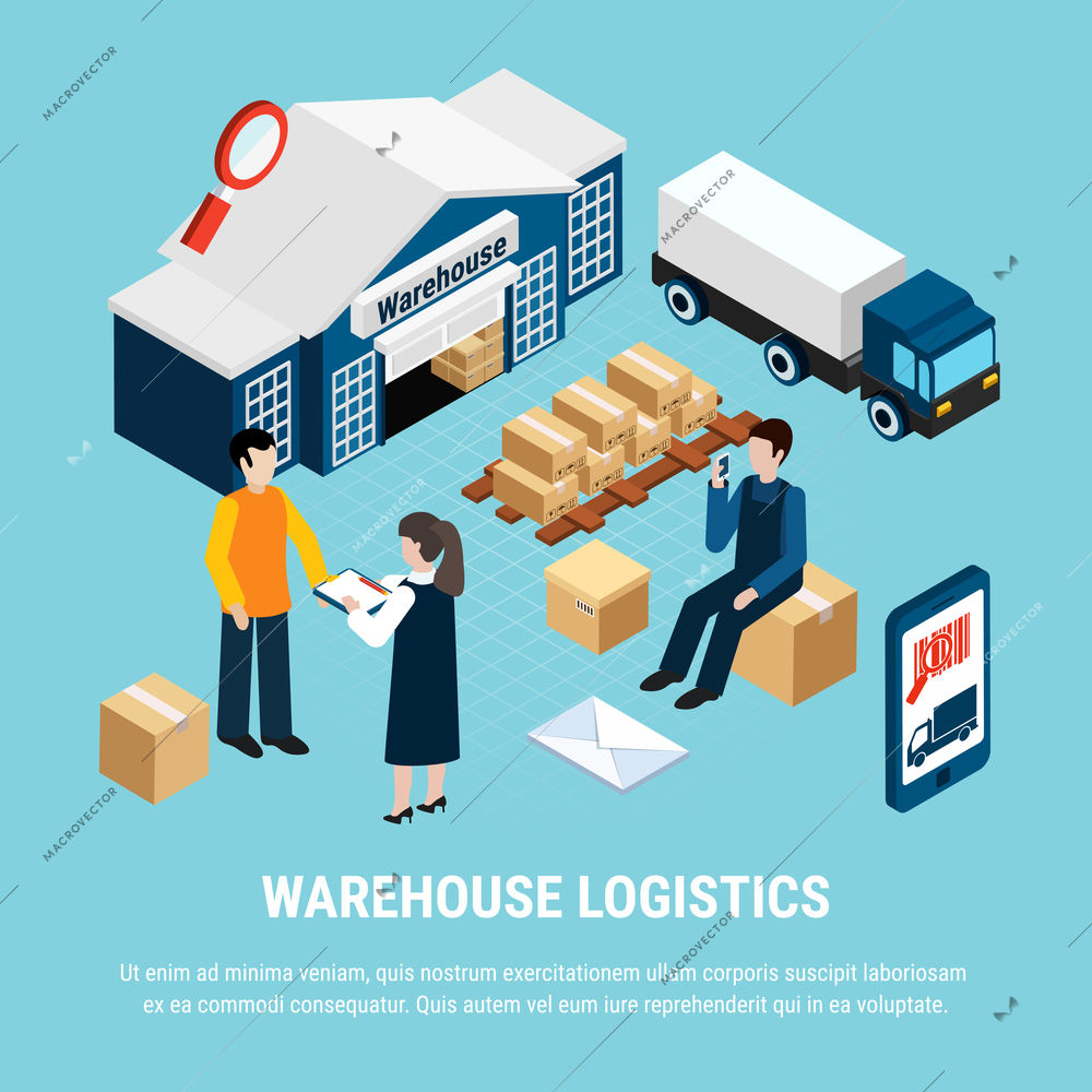 Warehouse logistics isometric concept with delivery workers on blue background 3d vector illustration