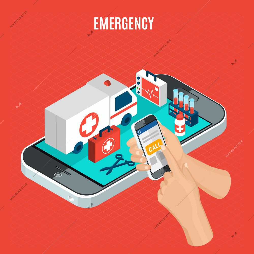 Emergency call isometric concept with ambulance car and medical equipment for examination and analysis 3d vector illustration