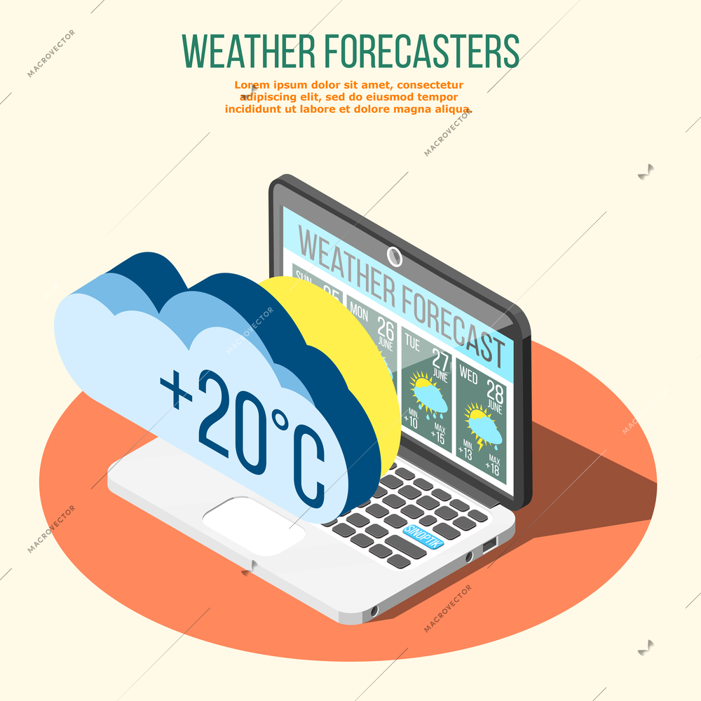 Weather forecasters isometric composition on orange circle with climate conditions prediction on laptop screen vector illustration