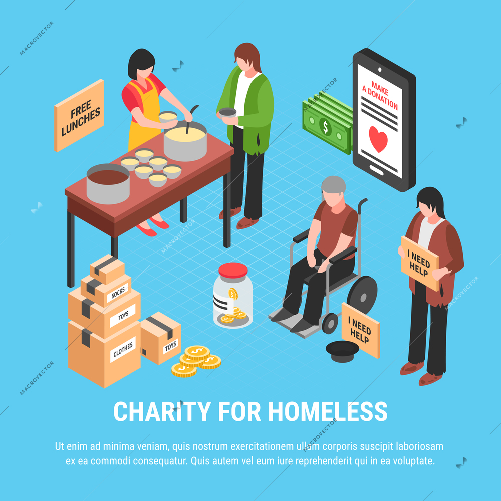 Charity for homeless isometric design concept with volunteers feeding free food for disabled people vector illustration