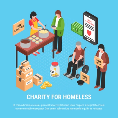 Charity for homeless isometric design concept with volunteers feeding free food for disabled people vector illustration