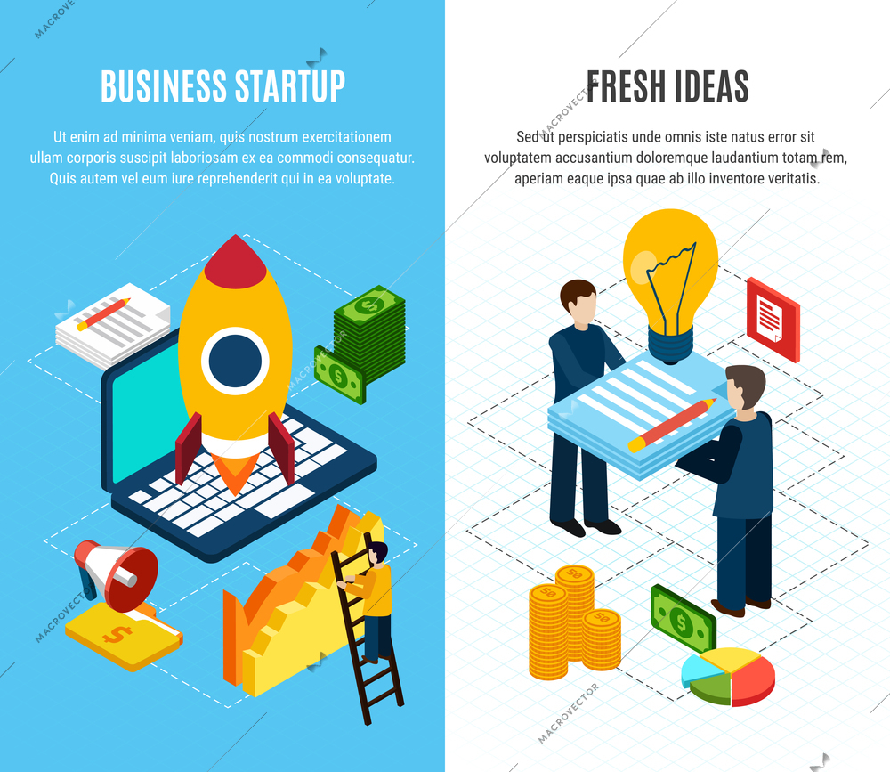 Set of two isometric vertical digital marketing banners with tools for business start up 3d isolated vector illustration