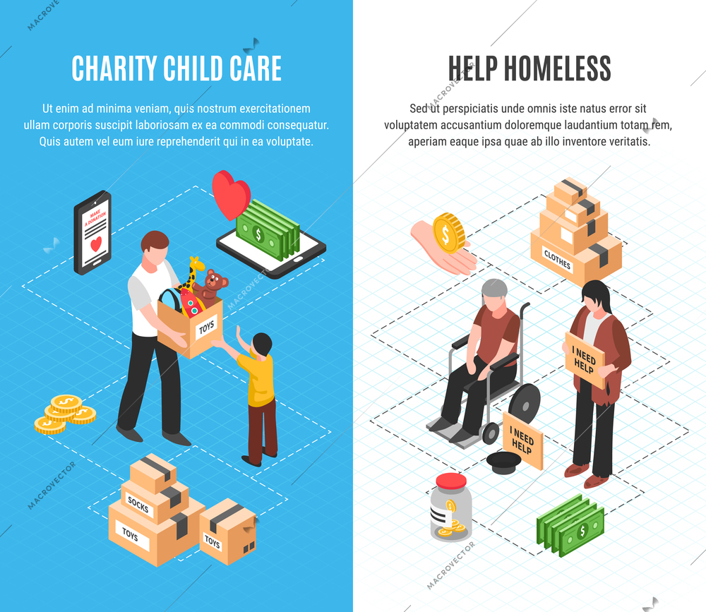 Charity two vertical banners with child care and help homeless isometric concepts vector illustration