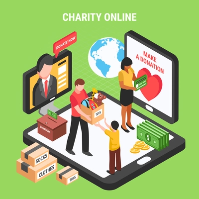 Charity online isometric composition with volunteers conducting donation drive for children and needy people vector illustration