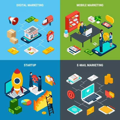 Digital online and mobile marketing and business start up tools 2x2 isometric concept on colorful background 3d isolated vector illustration