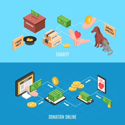 Charity advertising banners with offers to make online donations and humanitarian help isometric icons vector illustration