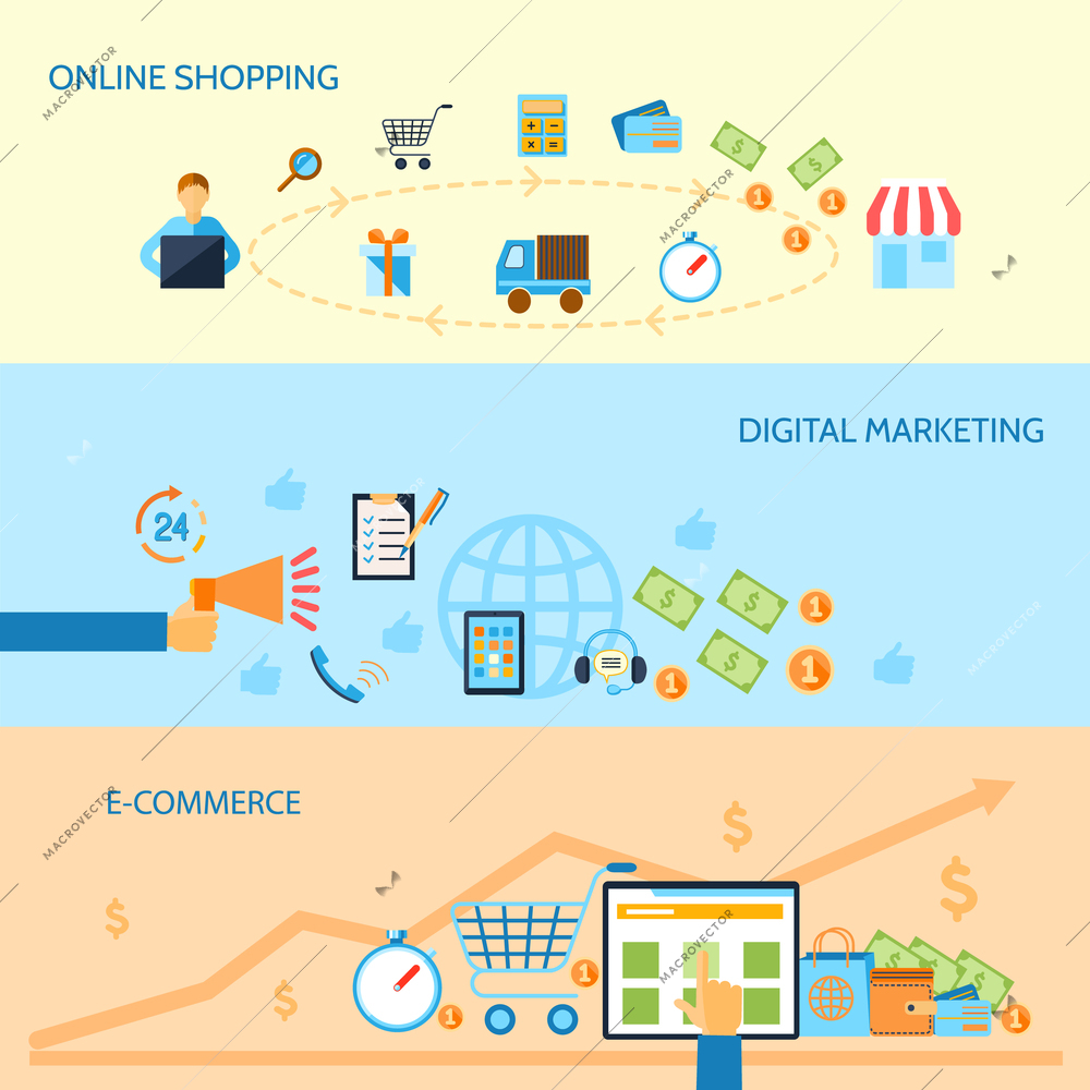 E-commerce banners set of online shopping digital marketing isolated vector illustration