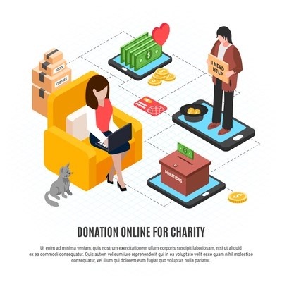 Donation online for charity design concept with begging homeless man and woman in comfortable home interior making sponsorship contribution isometric vector illustration