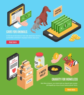 Charity two horizontal banners set of care for animals and charity for homeless isometric concepts vector illustration