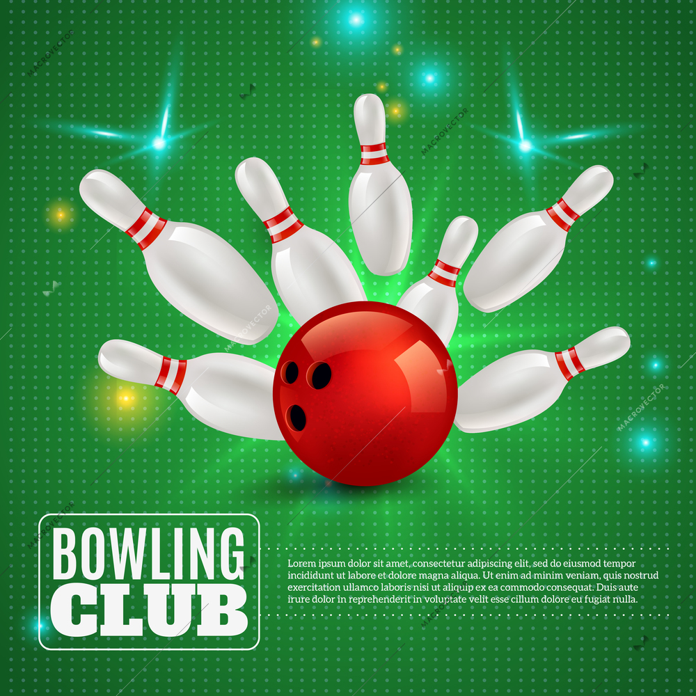 Bowling club 3d composition hitting ball on pins on green background with flashes and sparks vector illustration