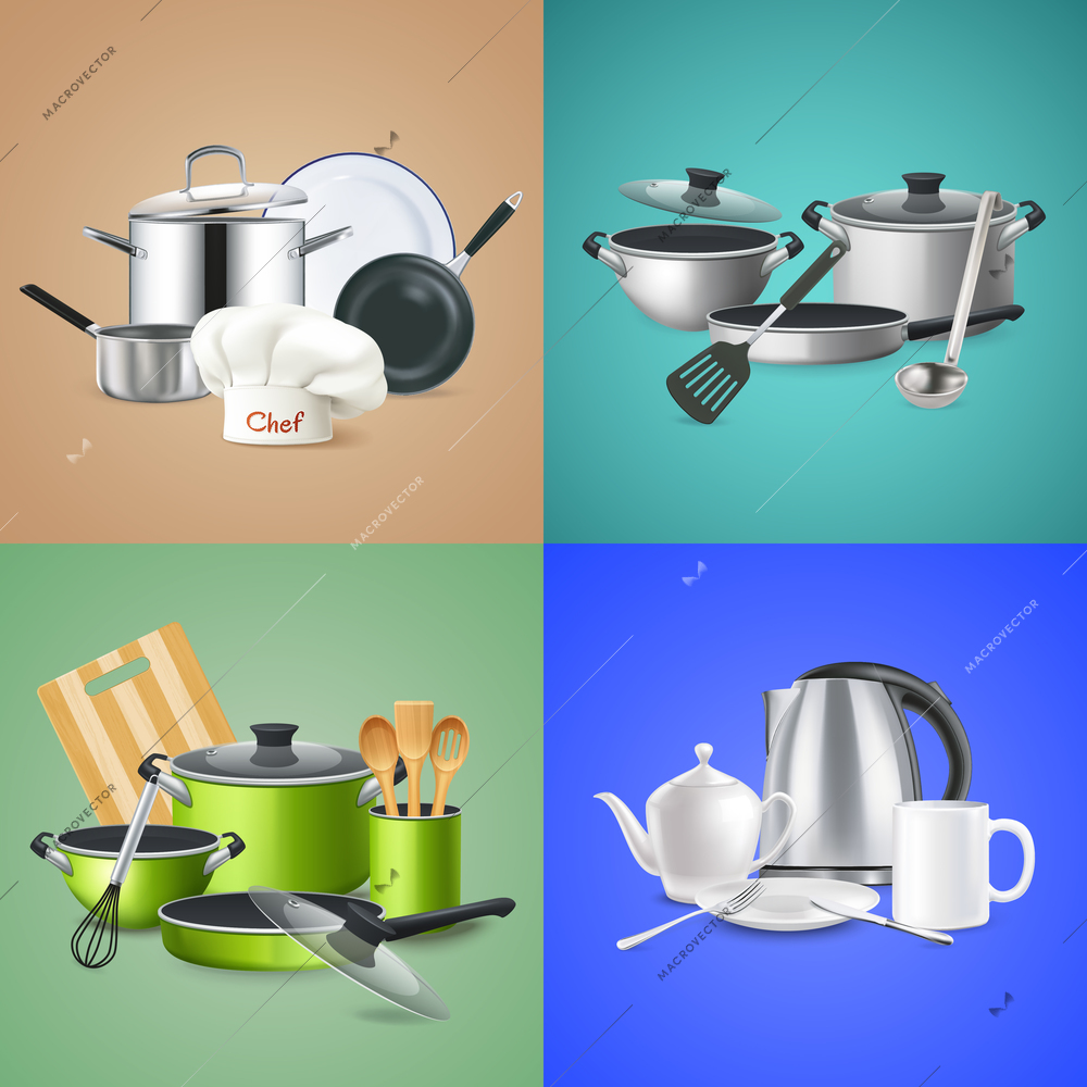 Realistic kitchen tools design concept cookware of chef green culinary set kettle with crockery isolated vector illustration