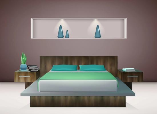 Contemporary bedroom interior with bedding in shades of emerald and aquamarine green wall decorations realistic vector illustration