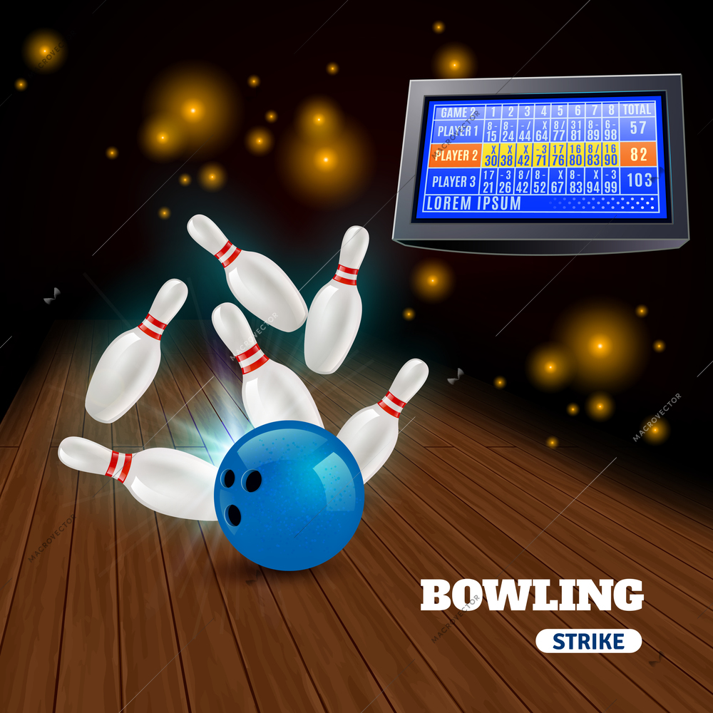 Bowling strike 3d composition with hitting blue ball on pins and results on score board vector illustration