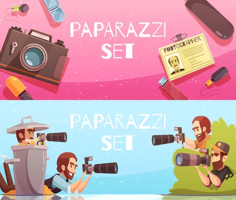 Paparazzi banners set with two horizontal compositions of photographic equipment close up and doodle human characters vector illustration