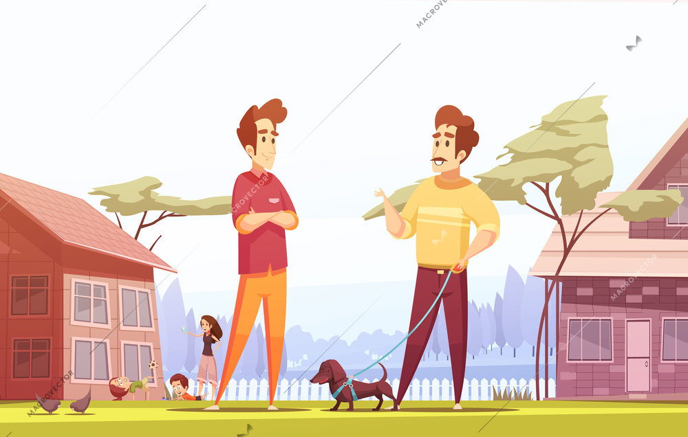 Two male people living in neighboring village cottages and walking with their children and pets cartoon vector illustration