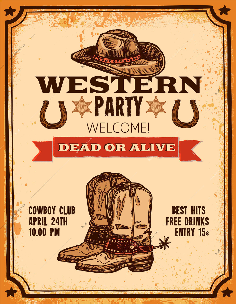 Advertising of western party with hat two pistols cowboy boots and title hand drawn poster vector illustration