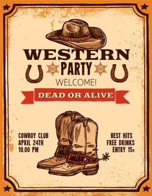 Advertising of western party with hat two pistols cowboy boots and title hand drawn poster vector illustration