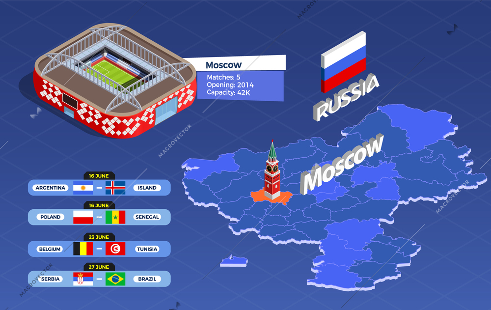 Russia, Moscow. June 2018. Soccer cup isometric composition with matches in Moscow symbols isolated vector illustration