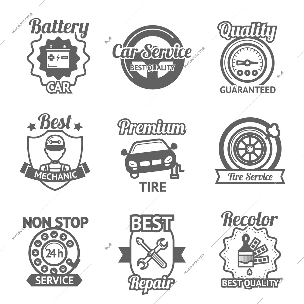 Car service premium quality auto repair black emblems set isolated vector illustration