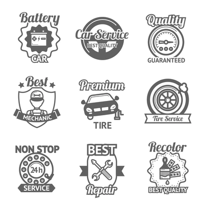 Car service premium quality auto repair black emblems set isolated vector illustration