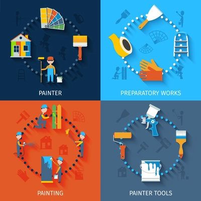 Painter character preparation for house refurnishing with spectrum and scraper 4 flat icons composition abstract vector illustration