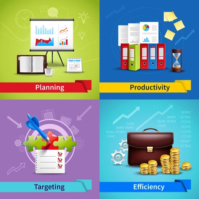 Business design concept set with planning productivity targeting efficiency realistic icons isolated vector illustration