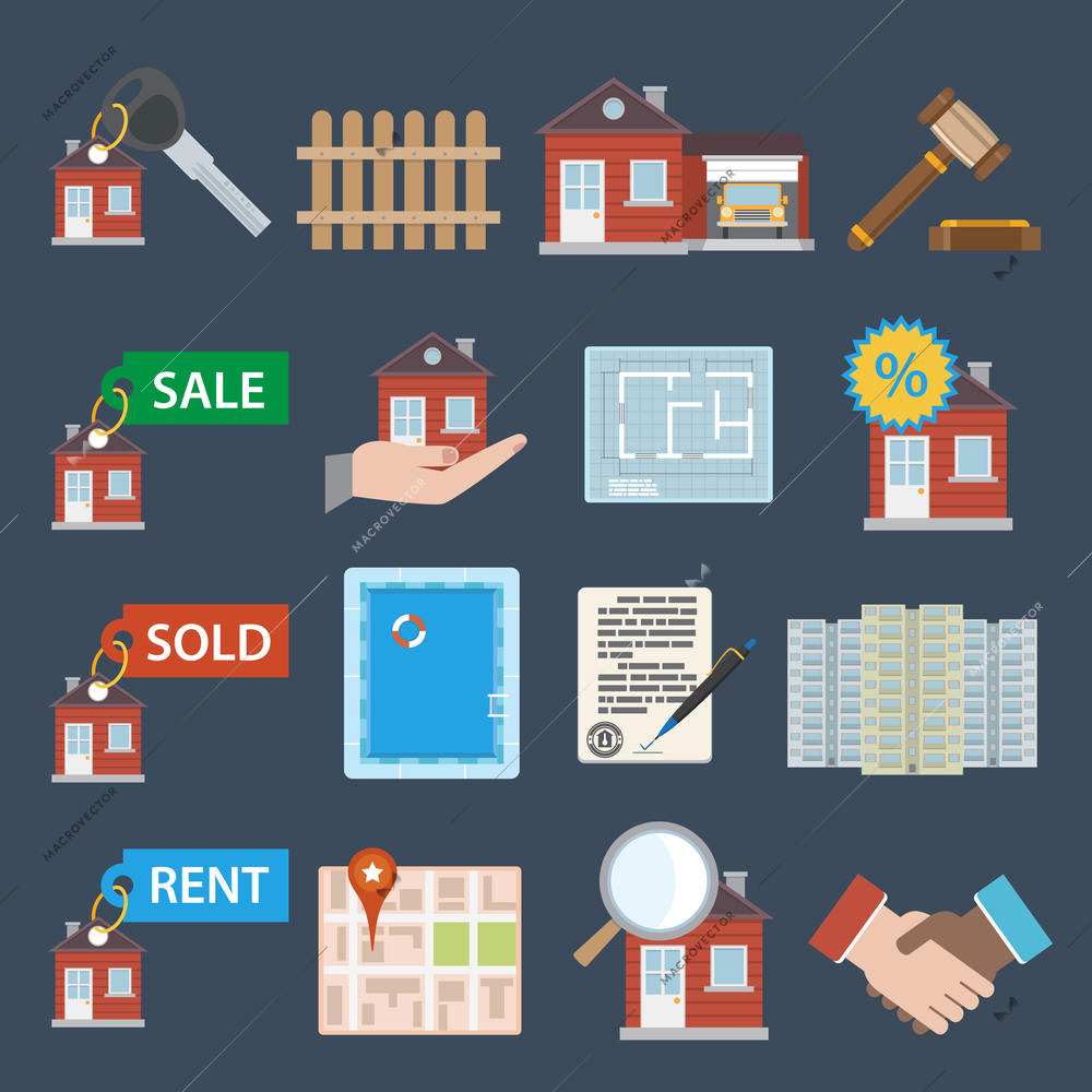 Real estate icons set of sale sold rent property apartment isolated vector illustration