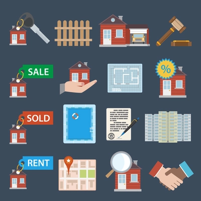 Real estate icons set of sale sold rent property apartment isolated vector illustration