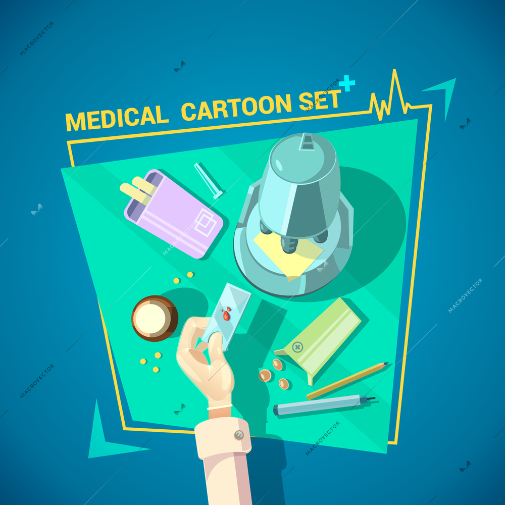 Doctor design set with blood test pills and microscope on blue background cartoon vector illustration