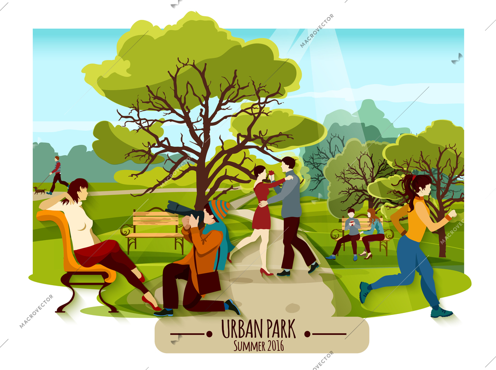 Garden landscape poster with trees walkway and people relaxing on benches dancing and doing sports flat vector illustration