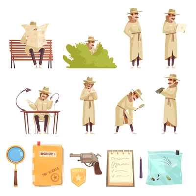 Private detective spy work cartoon icons collection with revolver magnifier forensic evidence secret documents isolated vector illustration