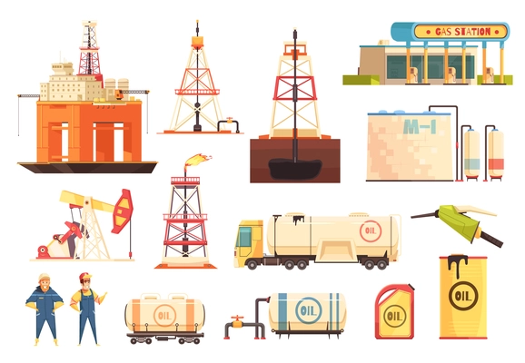 Oil production industry cartoon icons collection with gas station drilling and jack-up rigs isolated vector illustration