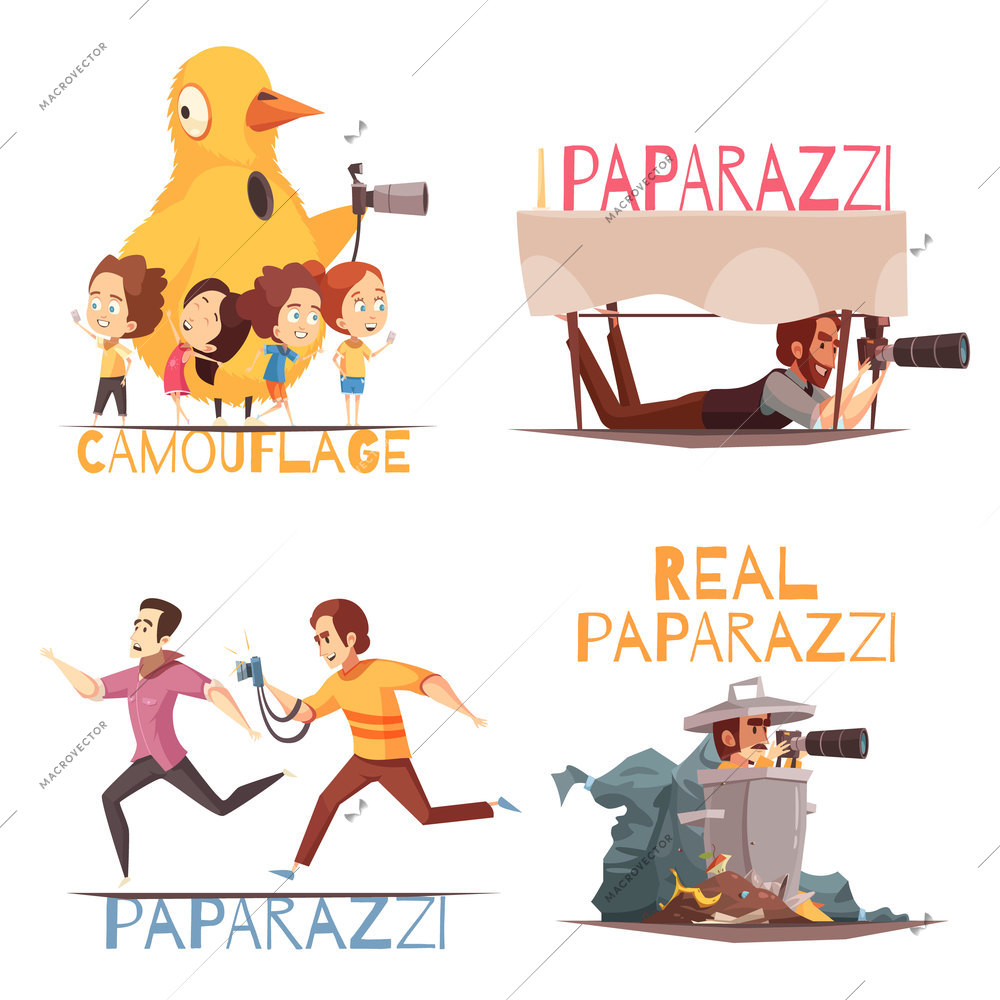 Paparazzi design concept with isolated compositions of doodle style human characters and text on blank background vector illustration