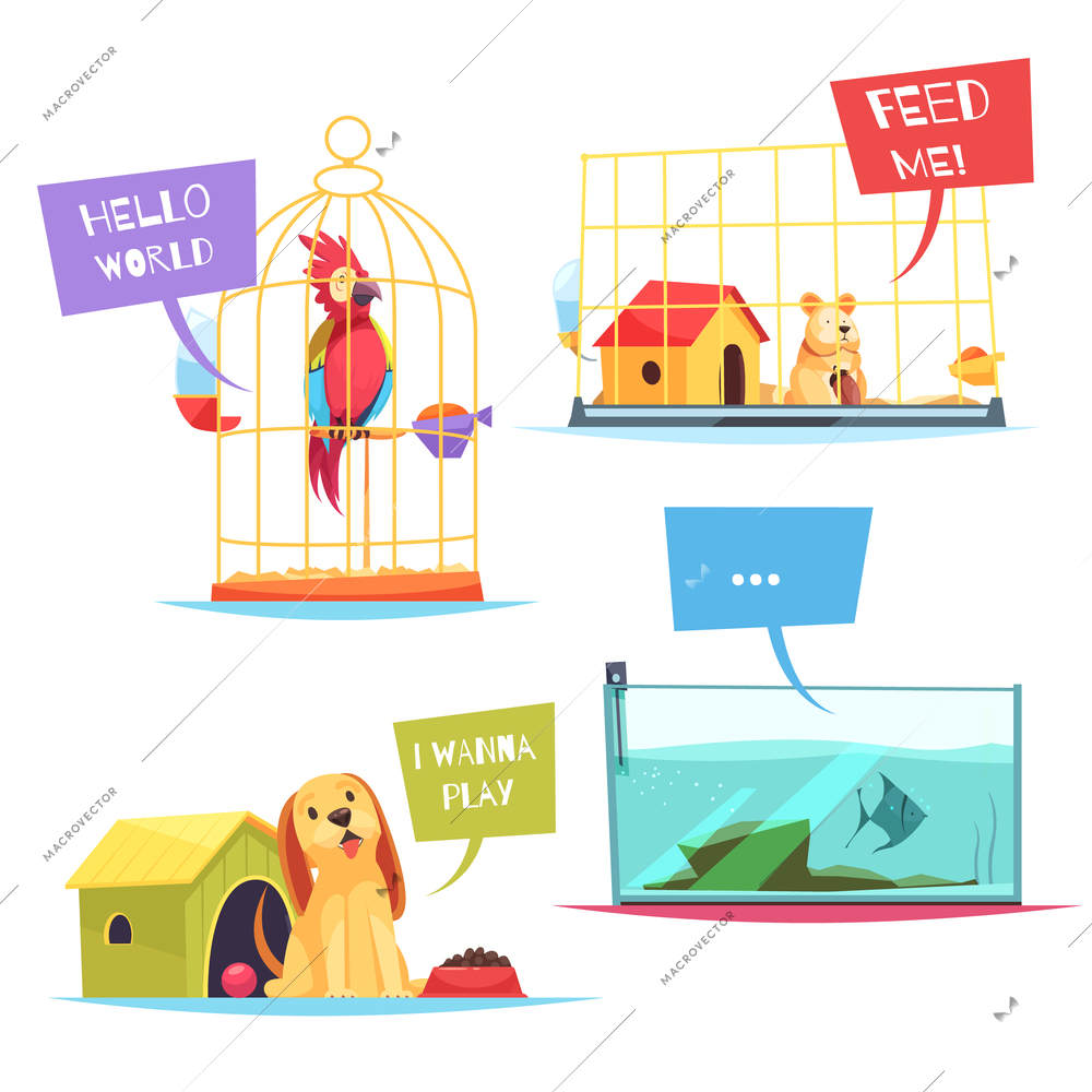 Pet shop design concept with playful puppy, colorful parrot, hungry hamster, fish in aquarium isolated vector illustration