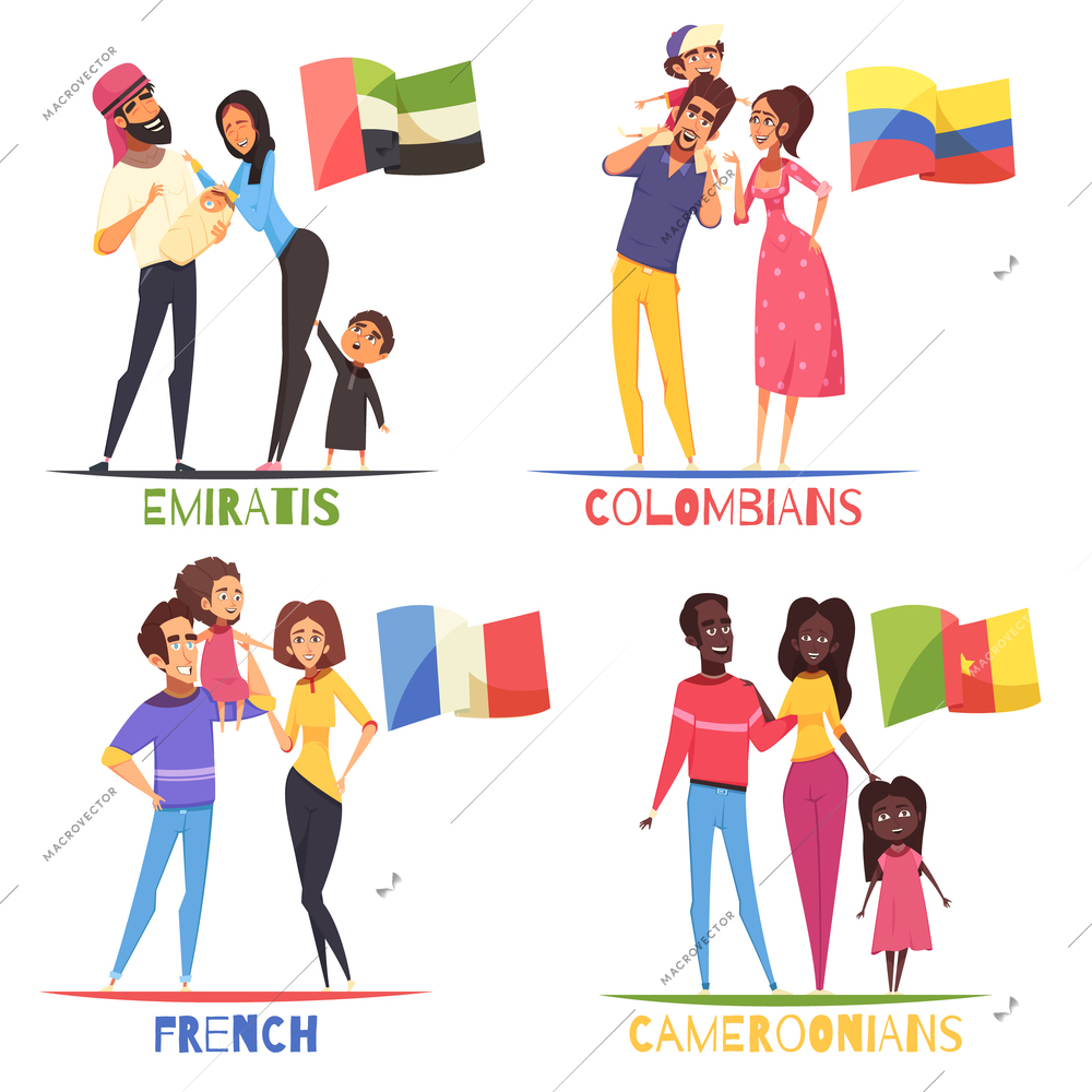 Families with children of various nationalities french, colombians, cameroonians, arabs from emirates,  design concept isolated vector illustration