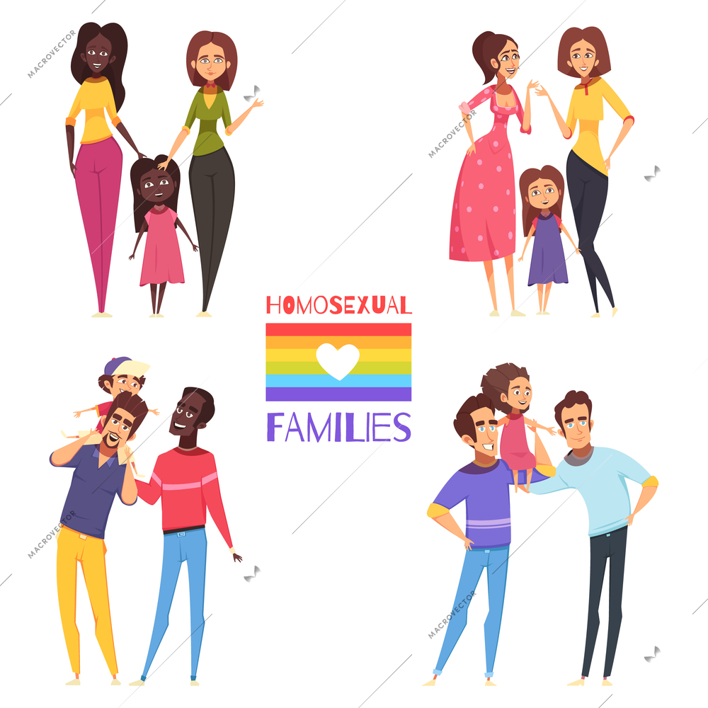 Set of homosexual families with children, gay and lesbian couples, lgbt flag isolated vector illustration