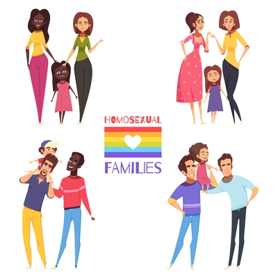 Set of homosexual families with children, gay and lesbian couples, lgbt flag isolated vector illustration