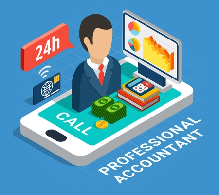 Professional accountant isometric composition on blue background with banking consultant, smart phone, payment card, money vector illustration