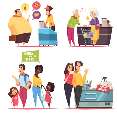 Queues characters concept 4 icons set with old young couples in supermarket and fastfood lines vector illustration