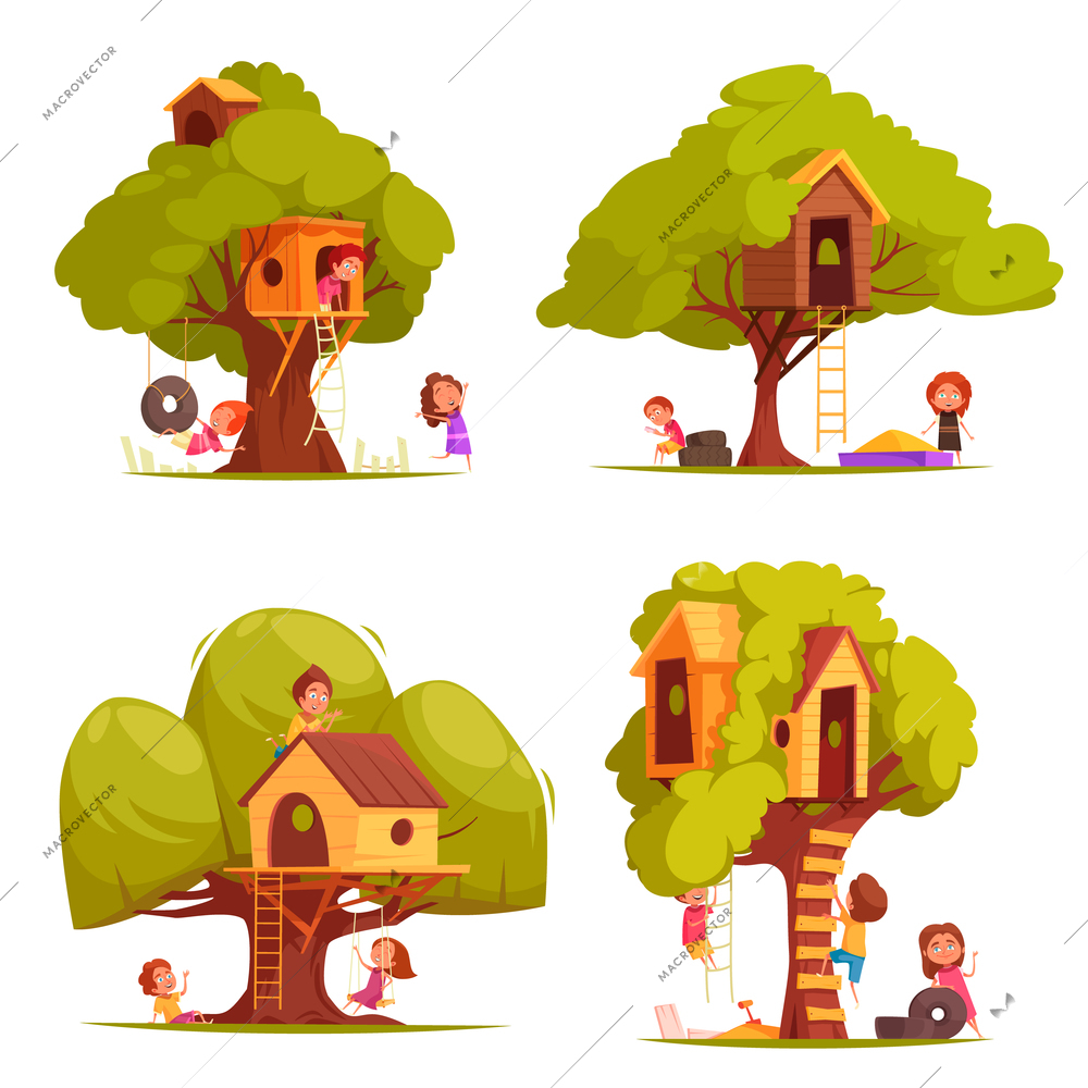 Tree houses with children during games, set of wooden huts between foliage with ladders isolated vector illustration