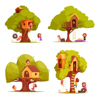 Tree houses with children during games, set of wooden huts between foliage with ladders isolated vector illustration