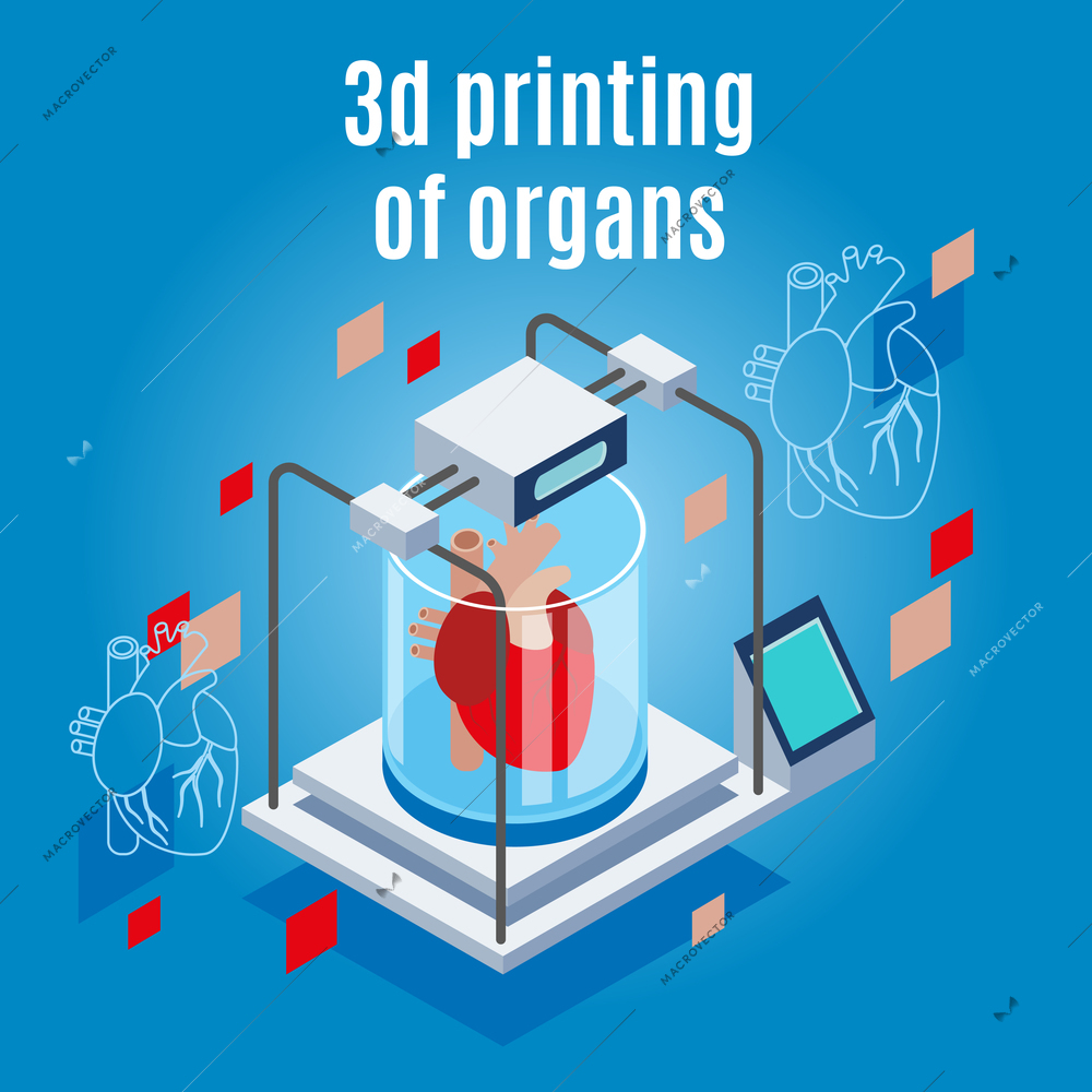 Medicine of the future isometric background composition with realistic 3d printer and human heart with text vector illustration