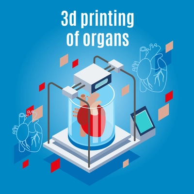 Medicine of the future isometric background composition with realistic 3d printer and human heart with text vector illustration