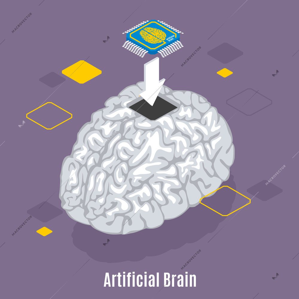 Backup personality isometric background with text and conceptual image of human brain microchip sensor implantation procedure vector illustration