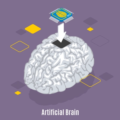 Backup personality isometric background with text and conceptual image of human brain microchip sensor implantation procedure vector illustration