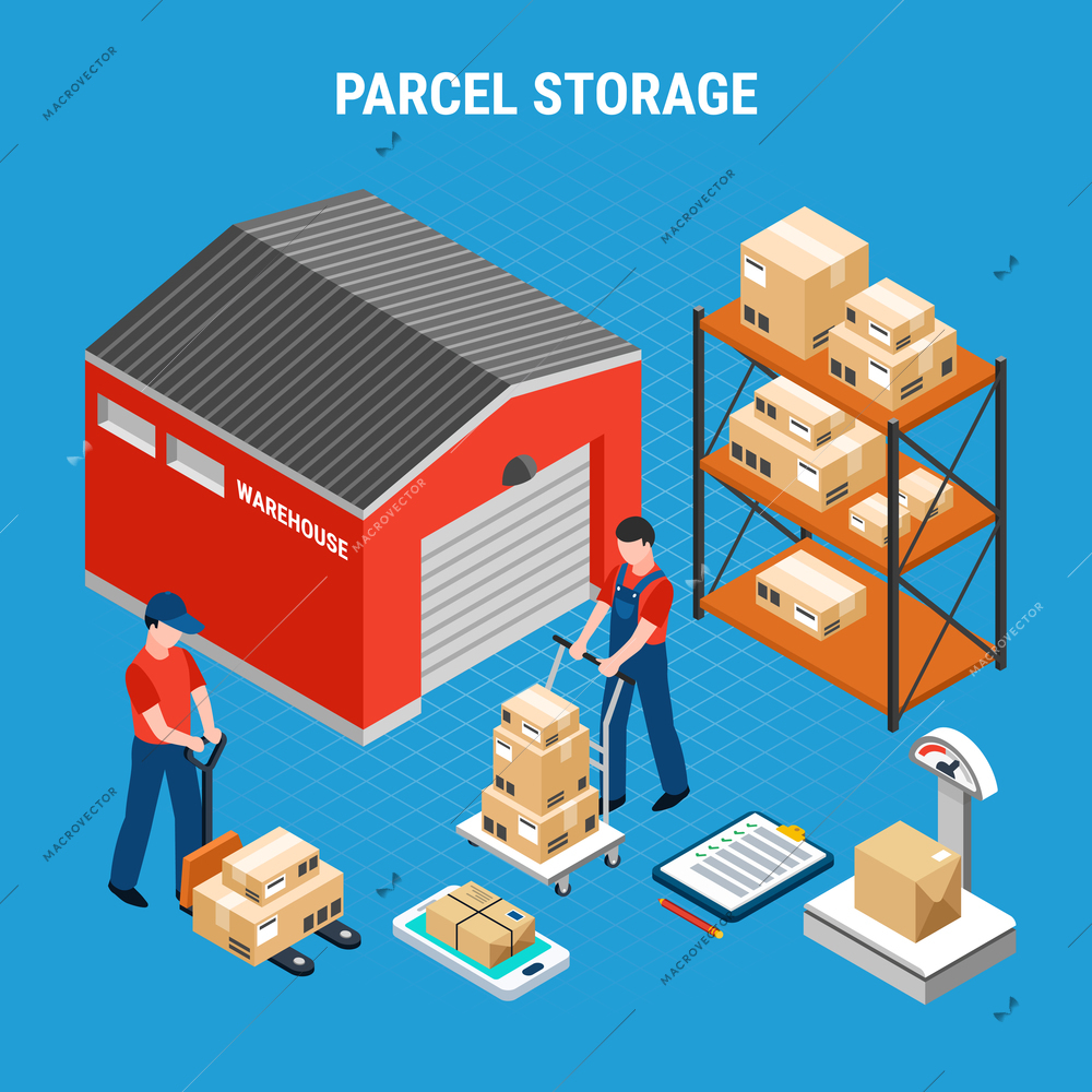 Colored mail isometric composition with parcel storage headline and workers on in unloading parcels process vector illustration