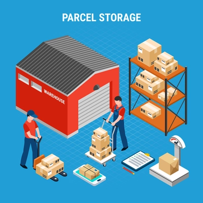 Colored mail isometric composition with parcel storage headline and workers on in unloading parcels process vector illustration